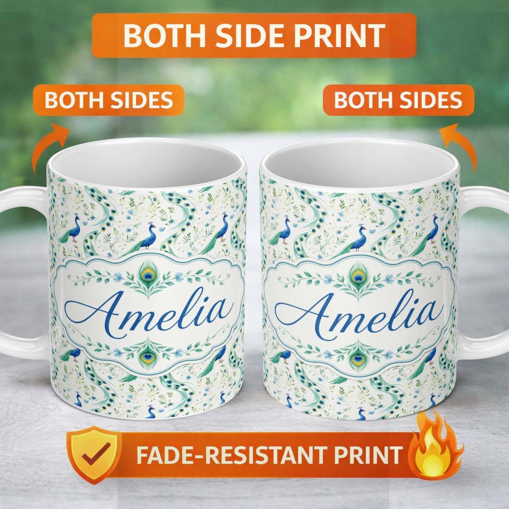 Personalized Custom Name Elegant Peacock Birds with Flowing Feather Trails Seamless Pattern 11oz Ceramic Coffee Tea Mug White Large Handle