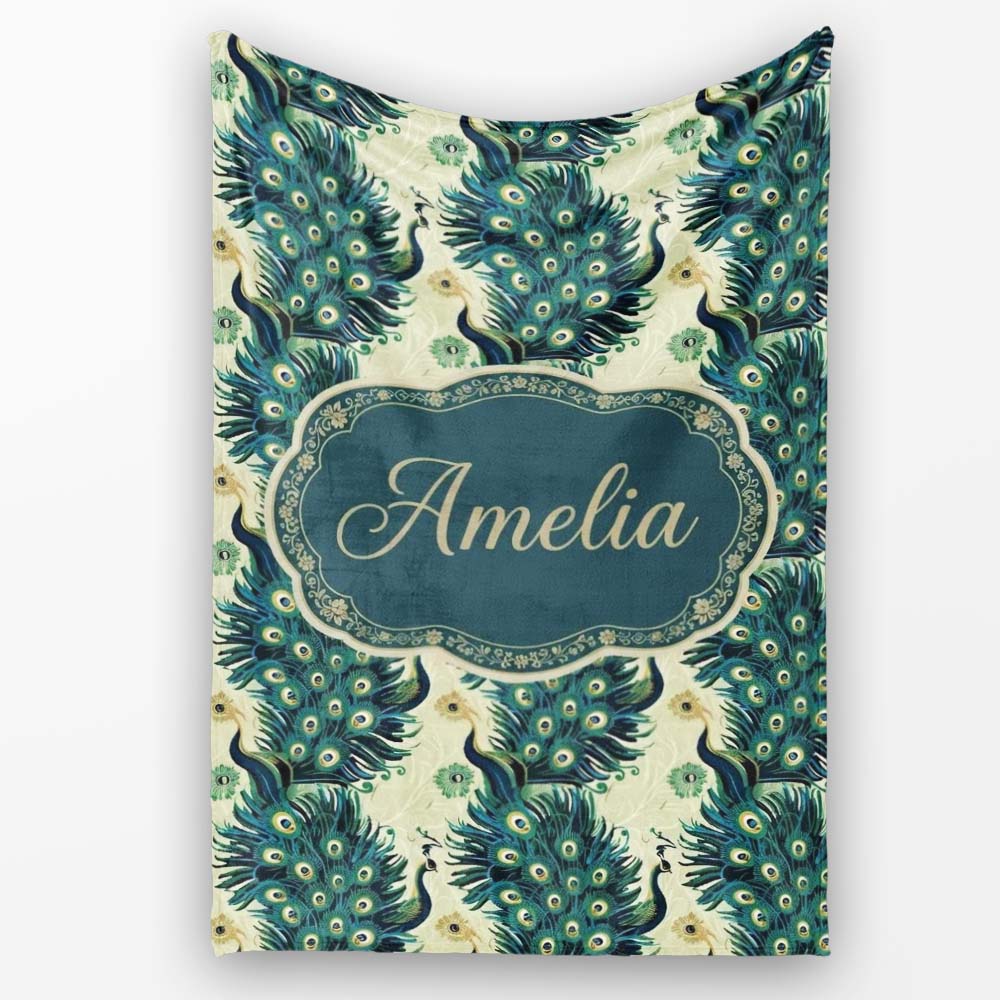 Art Deco Style Peacock with Ornate Feather Display Seamless Pattern Personalised Custom Name Super Soft Fleece Blanket Bed Sofa Throw