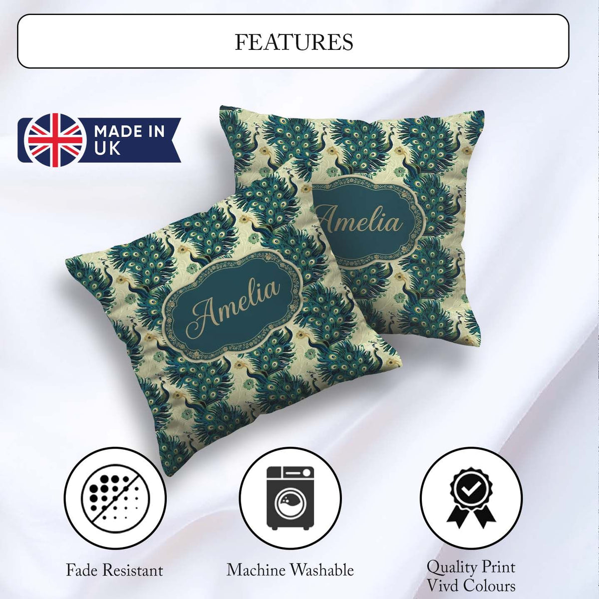 Custom Name Art Deco Style Peacock with Feather Display Seamless Square Filled Cushion Throw Pillow Sofa Bed Home Decor Zip Washable UK Made