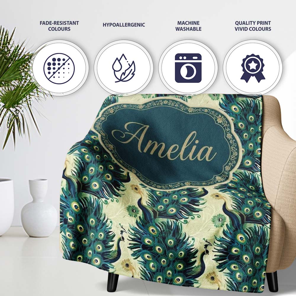 Art Deco Style Peacock with Ornate Feather Display Seamless Pattern Personalised Custom Name Super Soft Fleece Blanket Bed Sofa Throw