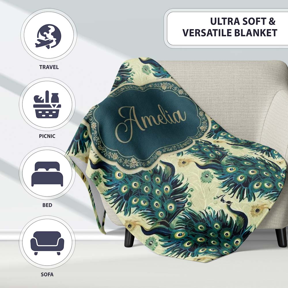 Art Deco Style Peacock with Ornate Feather Display Seamless Pattern Personalised Custom Name Super Soft Fleece Blanket Bed Sofa Throw