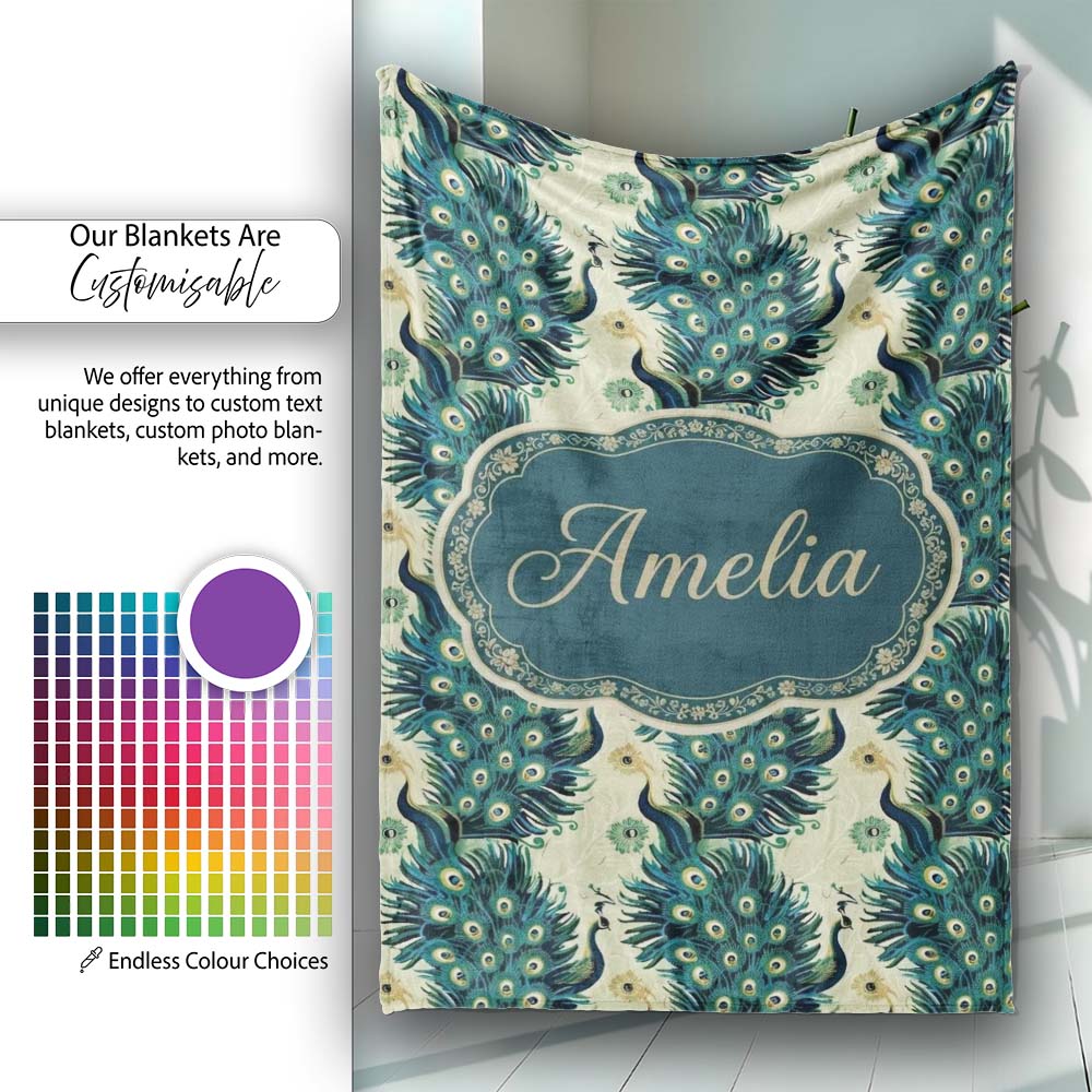 Art Deco Style Peacock with Ornate Feather Display Seamless Pattern Personalised Custom Name Super Soft Fleece Blanket Bed Sofa Throw