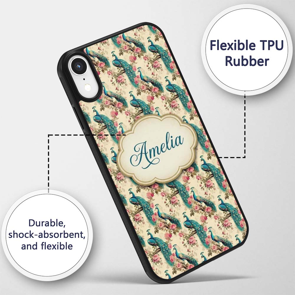 Vintage Peacock Birds with Pink Floral Garden Custom Name Protective Phone Case Mobile Cover Durable Everyday Smartphone Shock Resistant