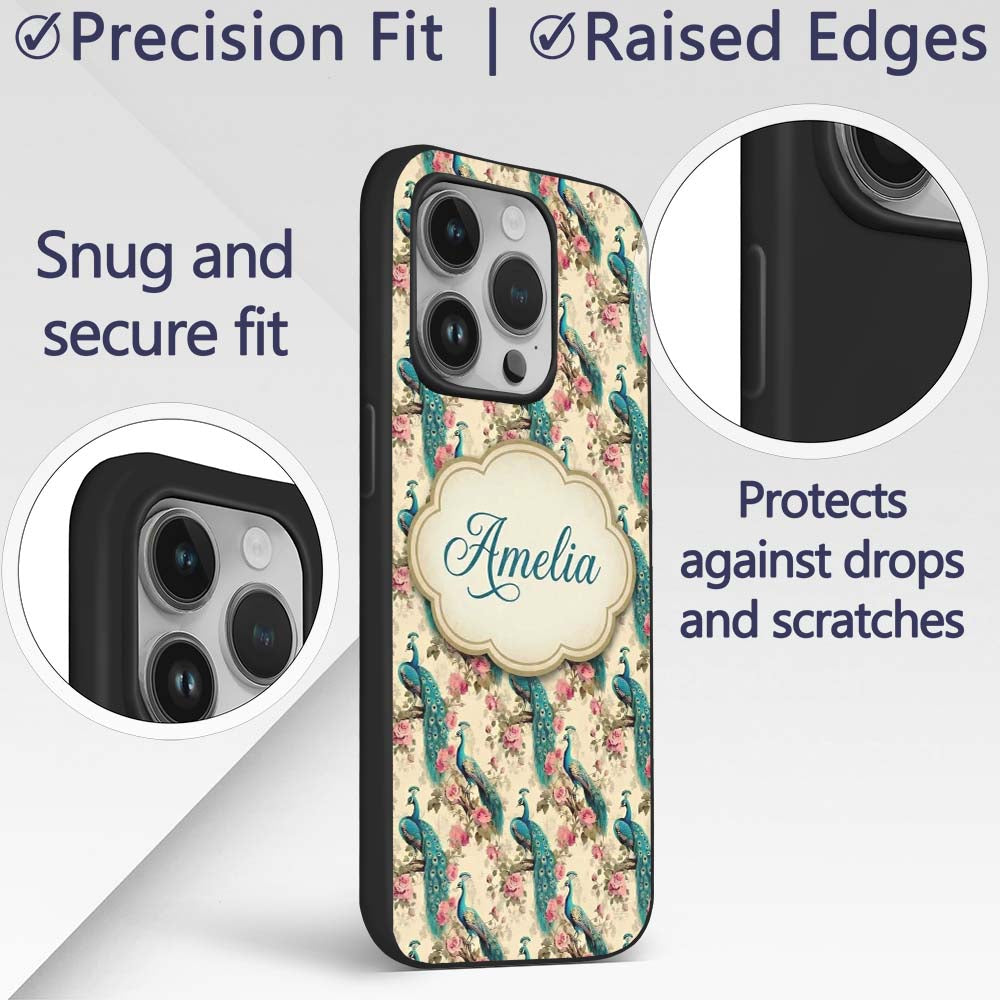 Vintage Peacock Birds with Pink Floral Garden Custom Name Protective Phone Case Mobile Cover Durable Everyday Smartphone Shock Resistant