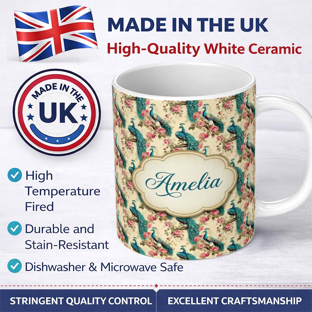 Personalized Custom Name Vintage Peacock Birds with Pink Floral Garden Seamless Pattern Name 11oz Ceramic Coffee Tea Mug White Large Handle
