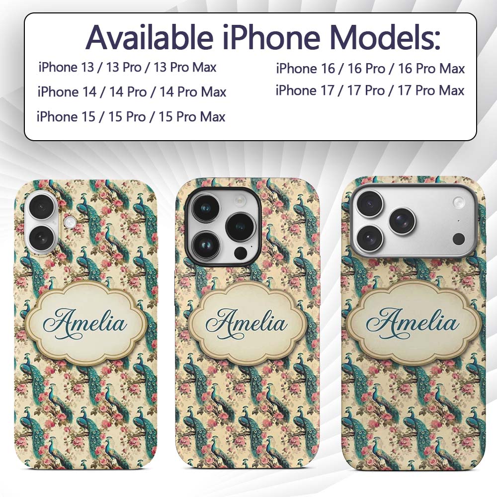 Vintage Peacock Birds with Pink Floral Garden Custom Name Protective Phone Case Mobile Cover Durable Everyday Smartphone Shock Resistant
