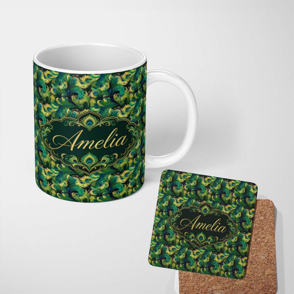 Personalized Custom Name Abstract Peacock Feather Swirl in Green Blue Tones Seamless Pattern 11oz Ceramic Coffee Tea Mug White Large Handle