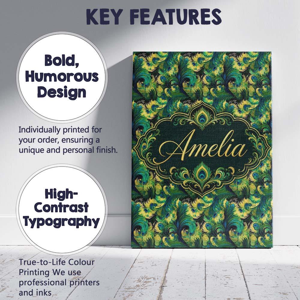 Personalised Name Abstract Peacock Feather Custom Unique Gift Idea Elegant Feature Canvas Wall Art Print Decor Picture Ready to Hang