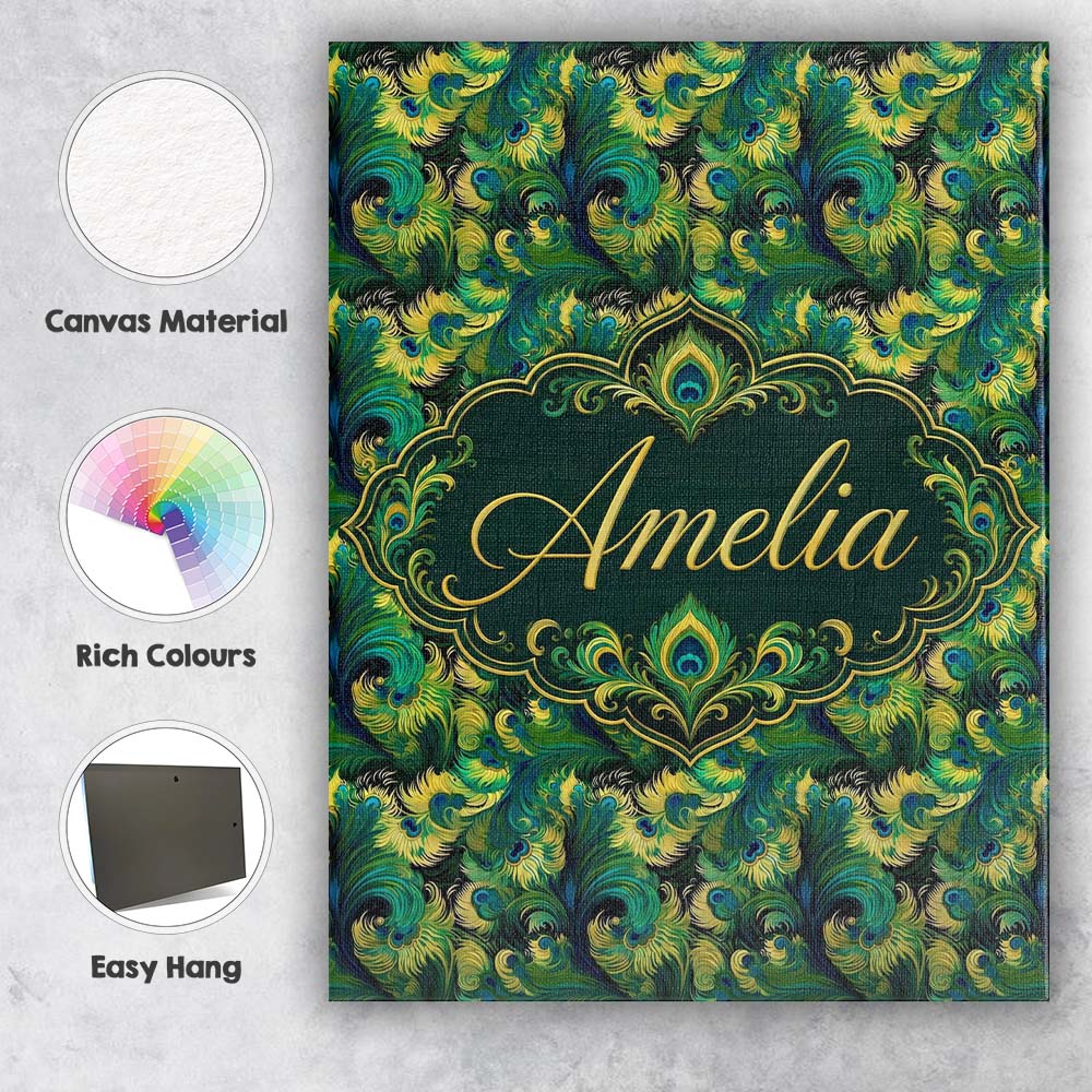 Personalised Name Abstract Peacock Feather Custom Unique Gift Idea Elegant Feature Canvas Wall Art Print Decor Picture Ready to Hang