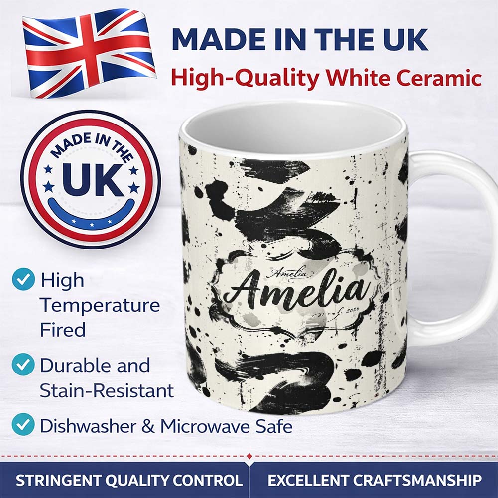 Personalized Custom Name Expressive Black Ink Calligraphy Brush Marks on Neutral Background 11oz Ceramic Coffee Tea Mug White Large Handle