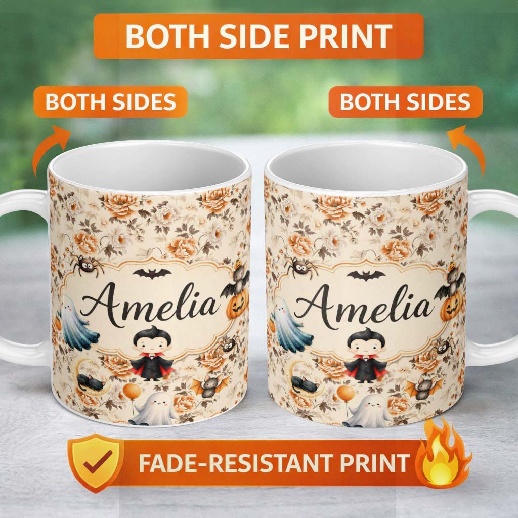 Personalized Custom Name Vintage Orange Rose Floral Pattern on Beige Background Seamless 11oz Ceramic Coffee Tea Mug White Large Handle