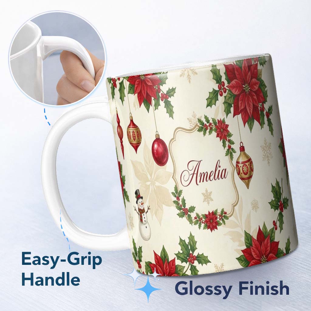 Personalized Custom Name Vintage Christmas Floral Holly Ornament Festive Seamless Pattern 11oz Ceramic Coffee Tea Mug White Large Handle