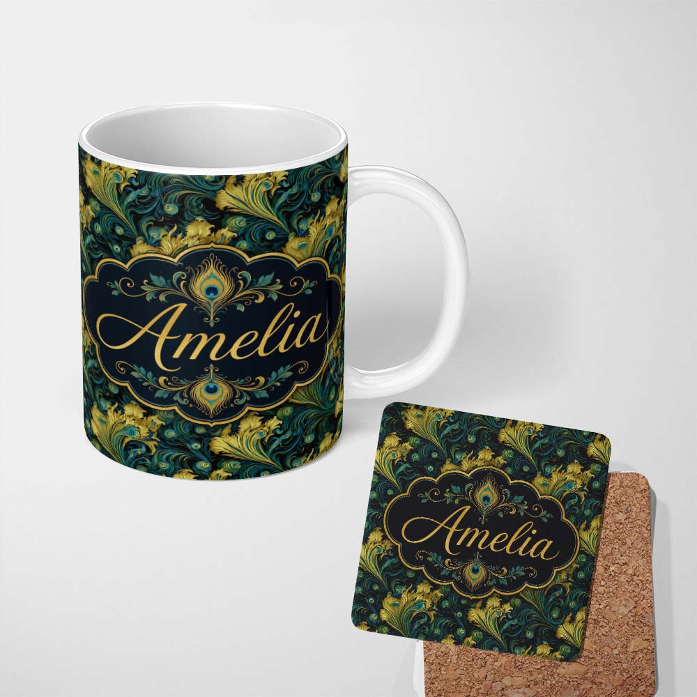 Personalized Custom Name Luxury Gold and Teal Peacock Feather Ornamental Seamless Pattern 11oz Ceramic Coffee Tea Mug White Large Handle