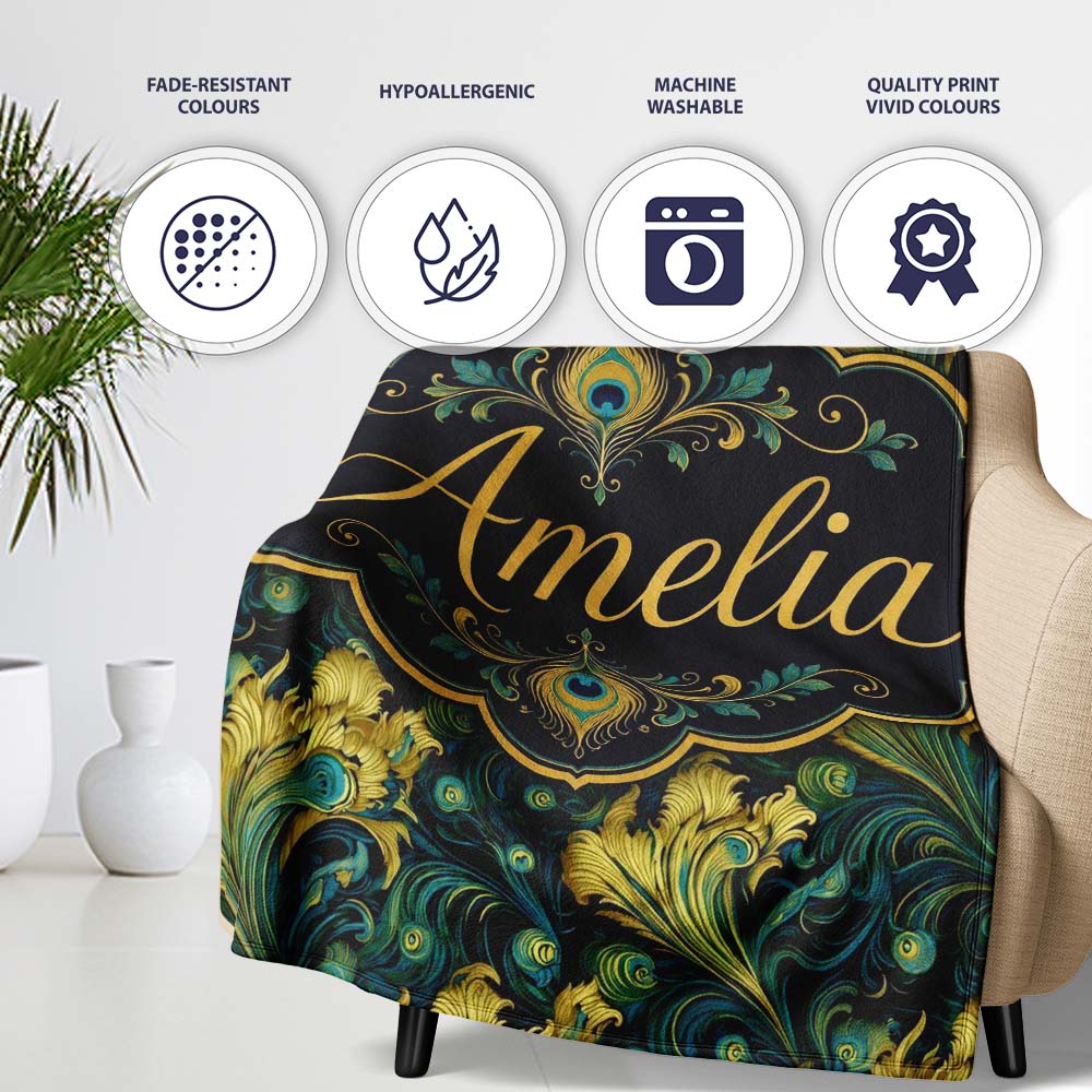 Luxury Gold and Teal Peacock Feather Ornamental Seamless Pattern Personalised Custom Name Super Soft Fleece Blanket Bed Sofa Throw