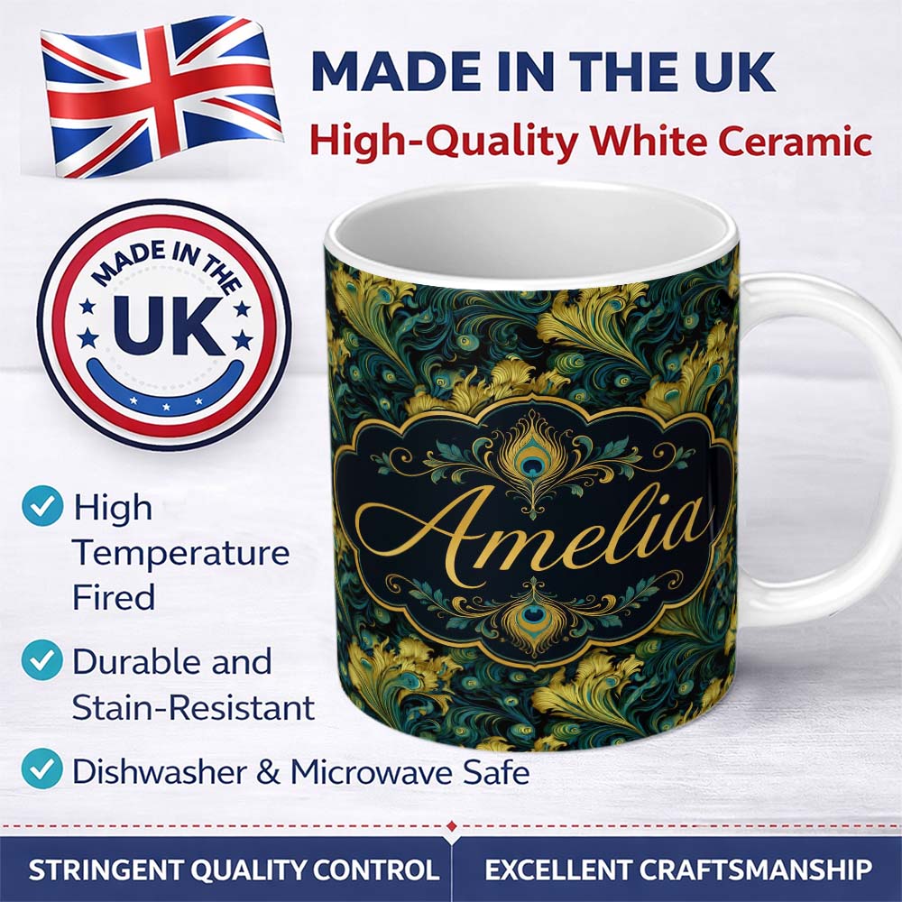 Personalized Custom Name Luxury Gold and Teal Peacock Feather Ornamental Seamless Pattern 11oz Ceramic Coffee Tea Mug White Large Handle