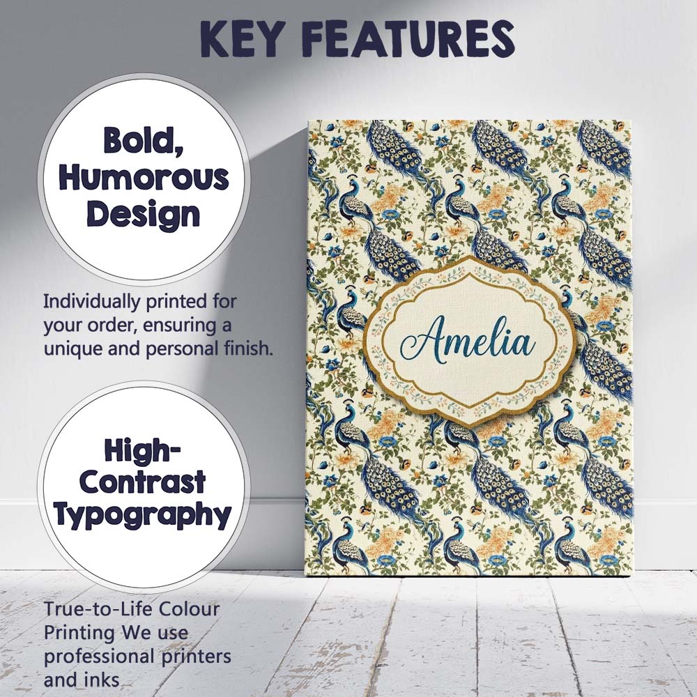 Personalised Name Classic Peacock Birds Custom Modern Room Accent Elegant Feature Canvas Wall Art Print Decor Picture Ready to Hang