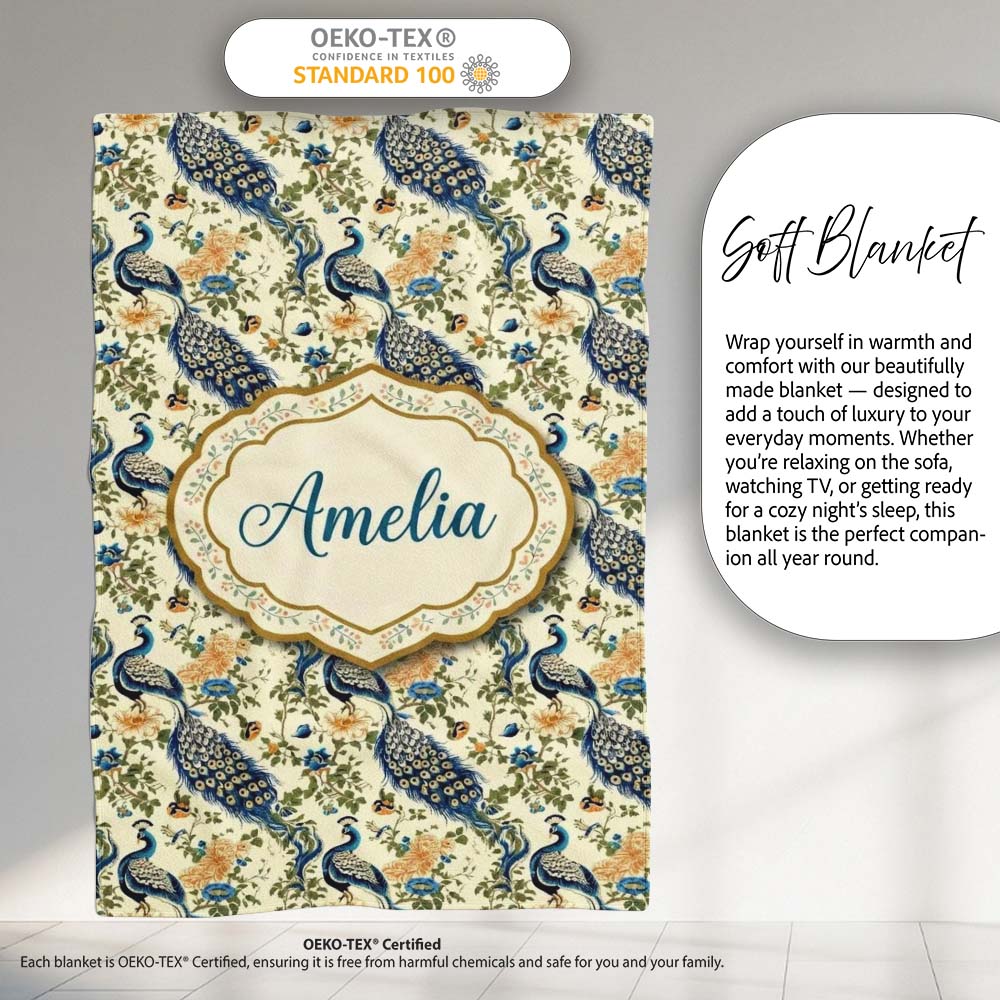 Classic Peacock Birds with Floral Motif Vintage Style Seamless Personalised Custom Name Super Soft Fleece Blanket Bed Sofa Throw