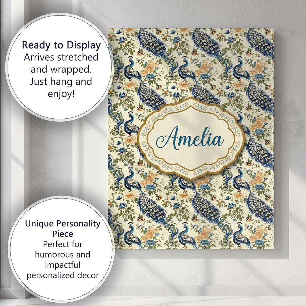 Personalised Name Classic Peacock Birds Custom Modern Room Accent Elegant Feature Canvas Wall Art Print Decor Picture Ready to Hang