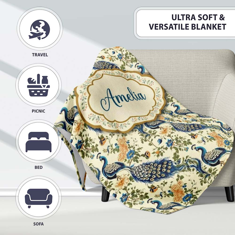 Classic Peacock Birds with Floral Motif Vintage Style Seamless Personalised Custom Name Super Soft Fleece Blanket Bed Sofa Throw