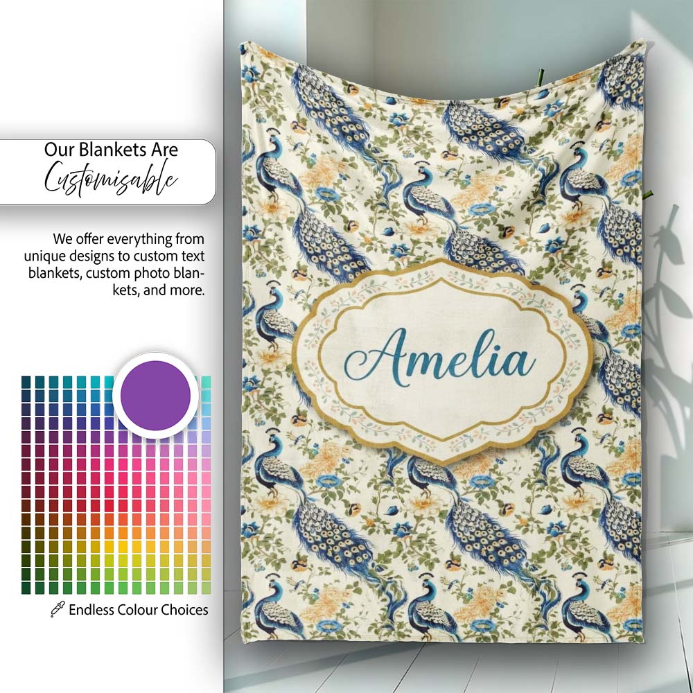 Classic Peacock Birds with Floral Motif Vintage Style Seamless Personalised Custom Name Super Soft Fleece Blanket Bed Sofa Throw