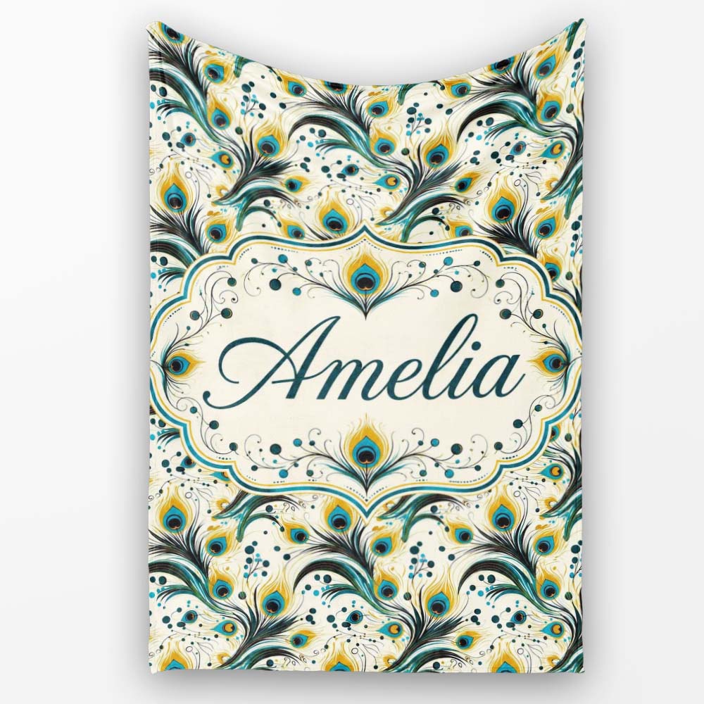 Elegant Peacock Feather Swirl with Gold and Teal Accents Seamless Personalised Custom Name Super Soft Fleece Blanket Bed Sofa Throw