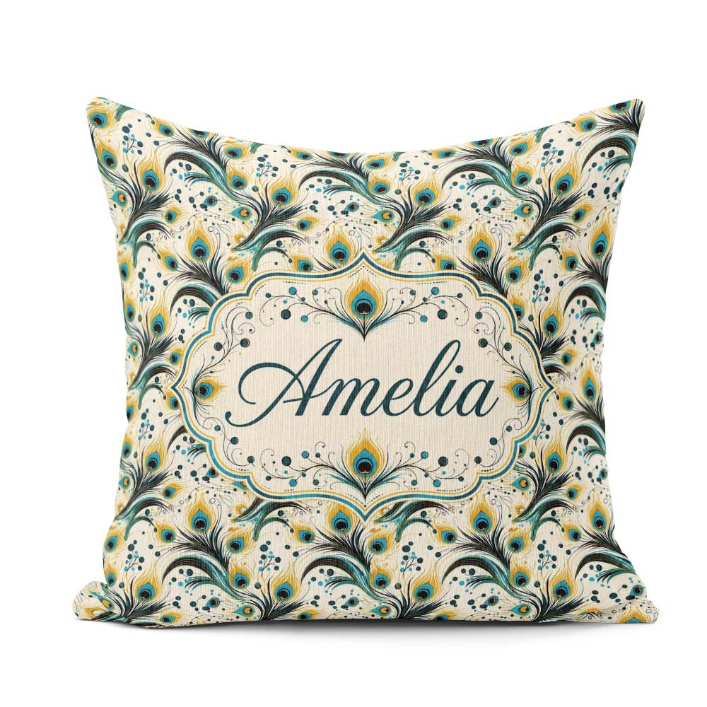 Custom Name Elegant Peacock Feather Swirl with Gold Teal Accents Square Filled Cushion Throw Pillow Sofa Bed Home Decor Zip Washable UK Made