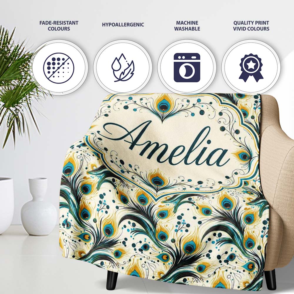 Elegant Peacock Feather Swirl with Gold and Teal Accents Seamless Personalised Custom Name Super Soft Fleece Blanket Bed Sofa Throw