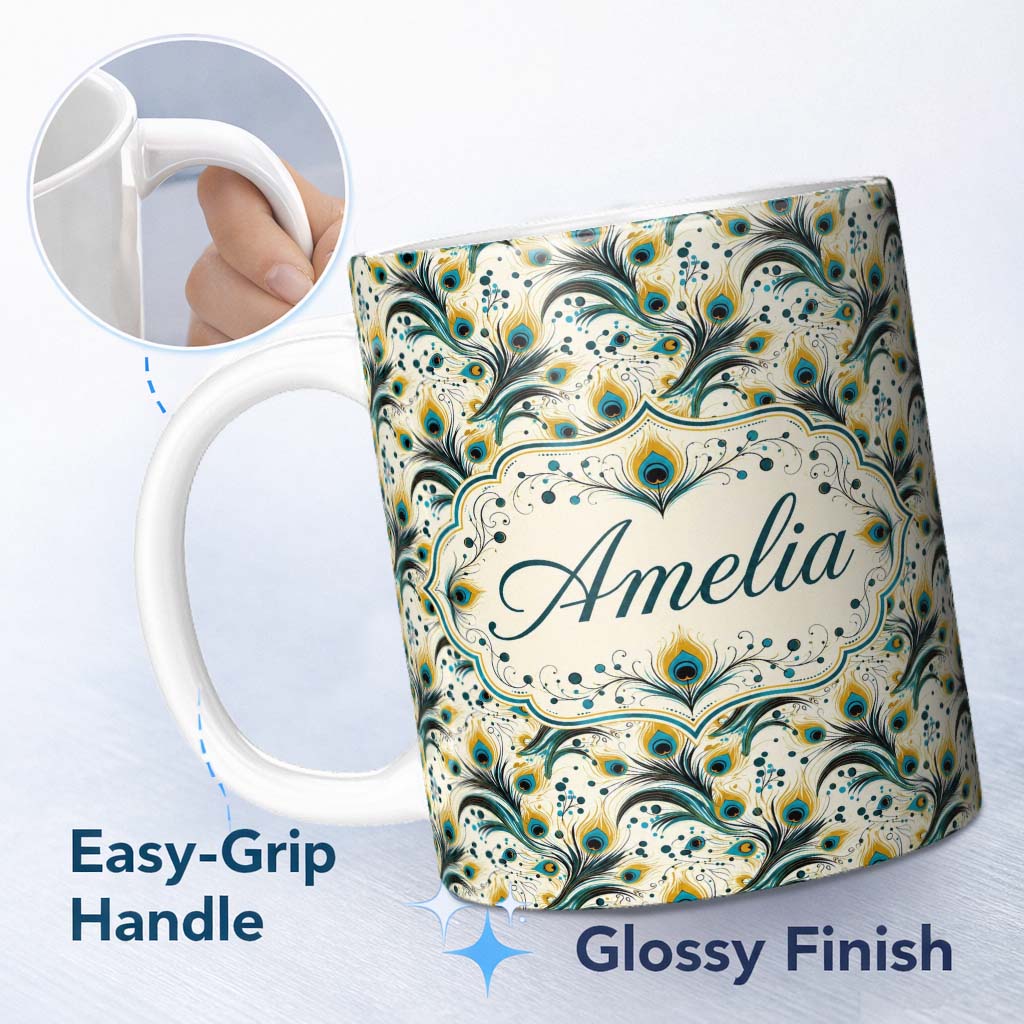 Personalized Custom Name Elegant Peacock Feather Swirl with Gold and Teal Accents Seamless 11oz Ceramic Coffee Tea Mug White Large Handle