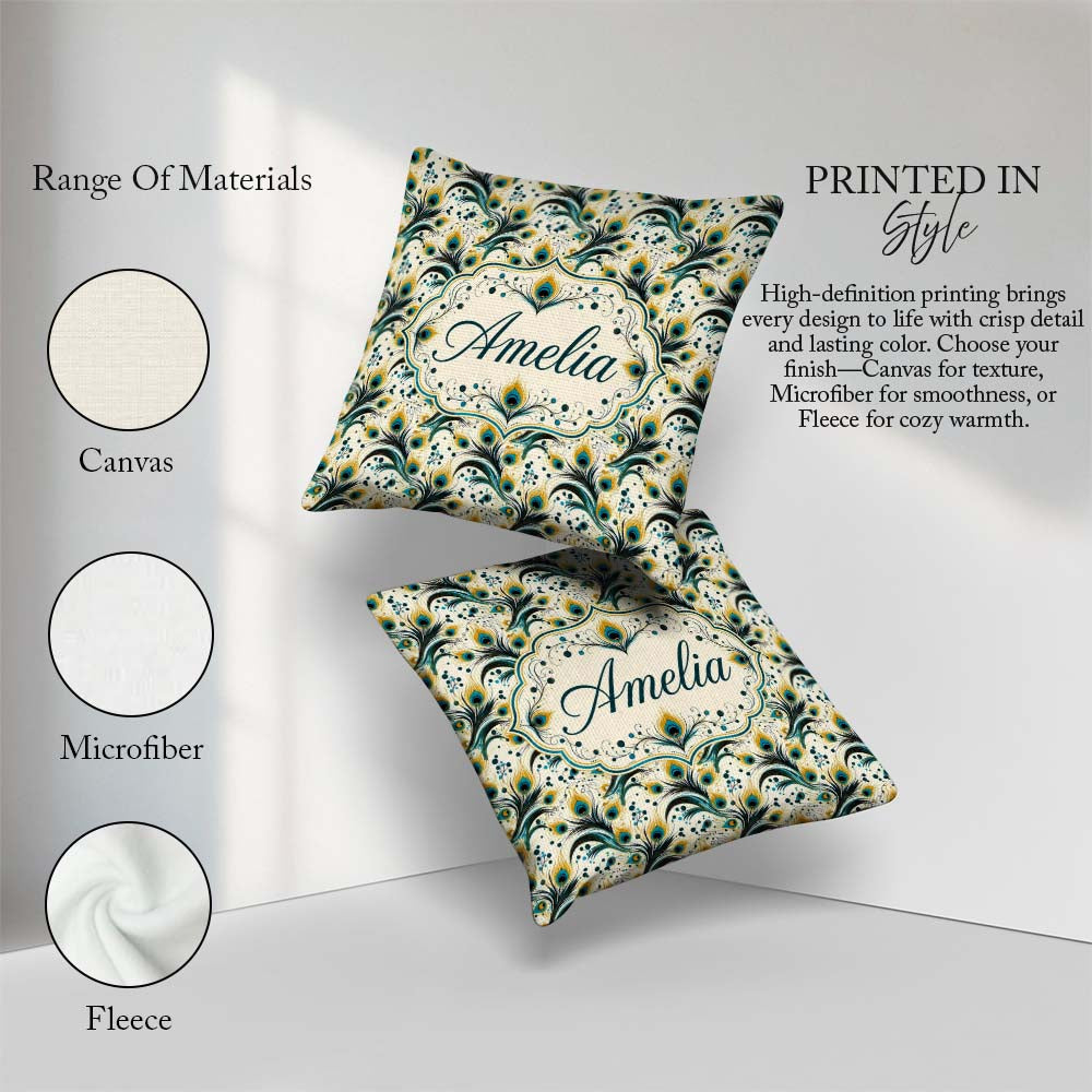 Custom Name Elegant Peacock Feather Swirl with Gold Teal Accents Square Filled Cushion Throw Pillow Sofa Bed Home Decor Zip Washable UK Made