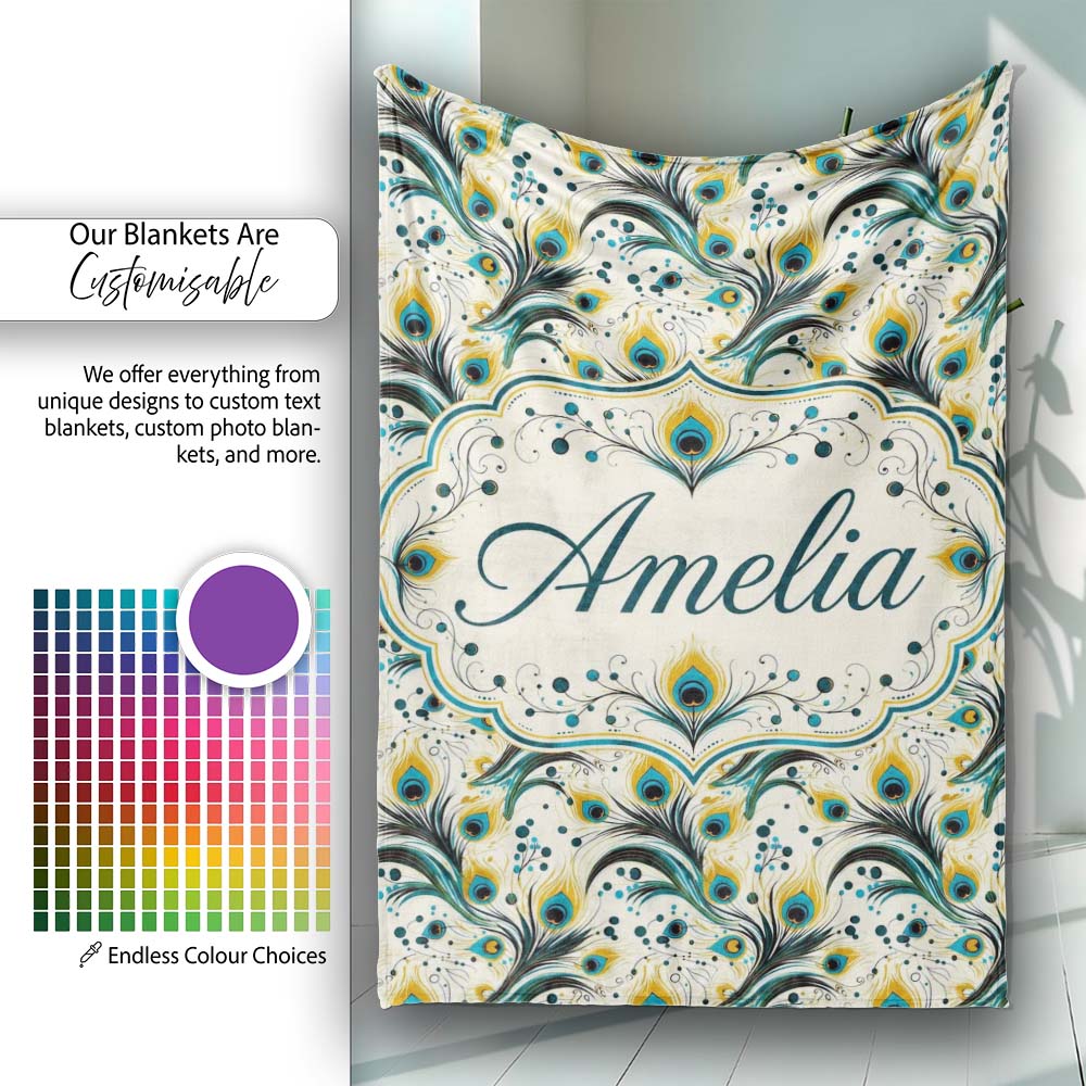 Elegant Peacock Feather Swirl with Gold and Teal Accents Seamless Personalised Custom Name Super Soft Fleece Blanket Bed Sofa Throw