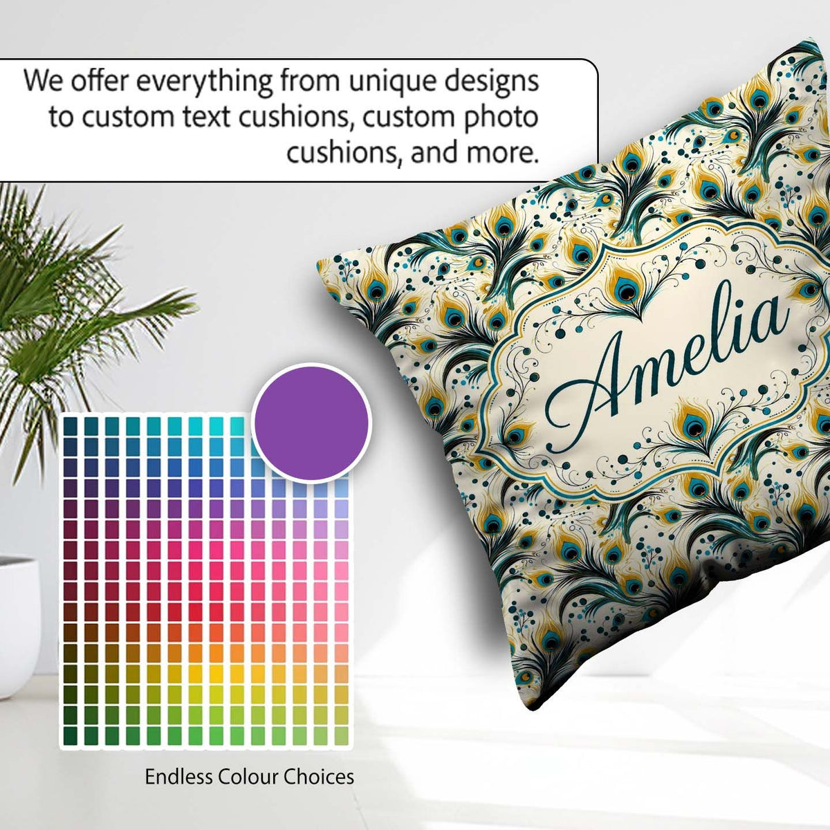 Custom Name Elegant Peacock Feather Swirl with Gold Teal Accents Square Filled Cushion Throw Pillow Sofa Bed Home Decor Zip Washable UK Made