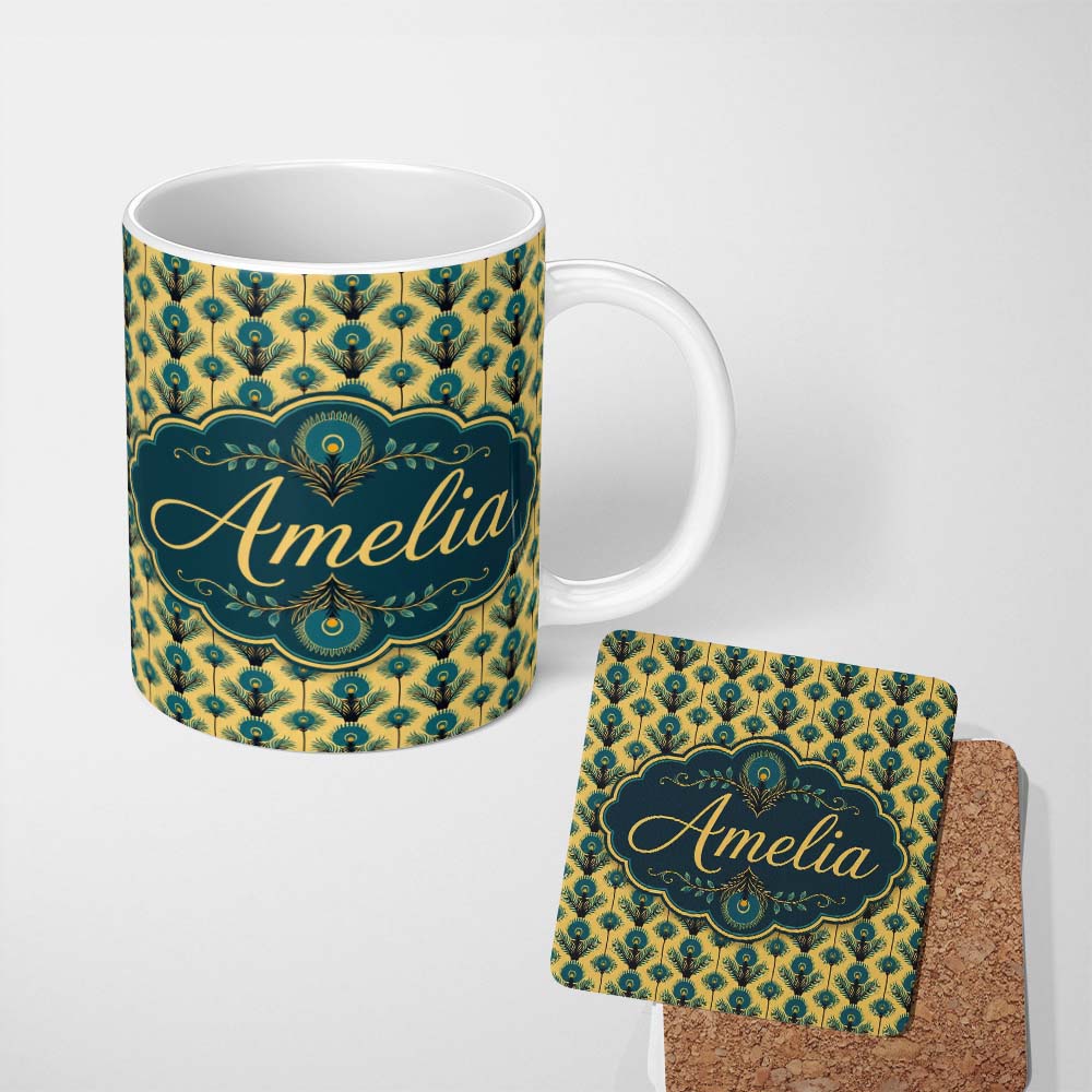 Personalized Custom Name Art Deco Peacock Feather Motif in Teal and Gold Repeating Seamless 11oz Ceramic Coffee Tea Mug White Large Handle