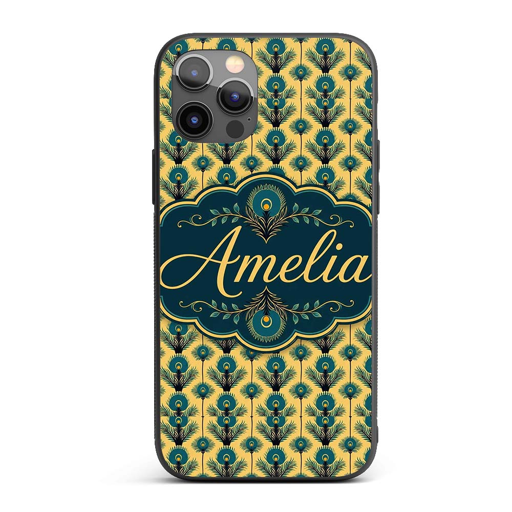 Art Deco Peacock Feather Motif in Teal and Gold Custom Name Protective Phone Case Mobile Cover Durable Everyday Smartphone Shock Resistant