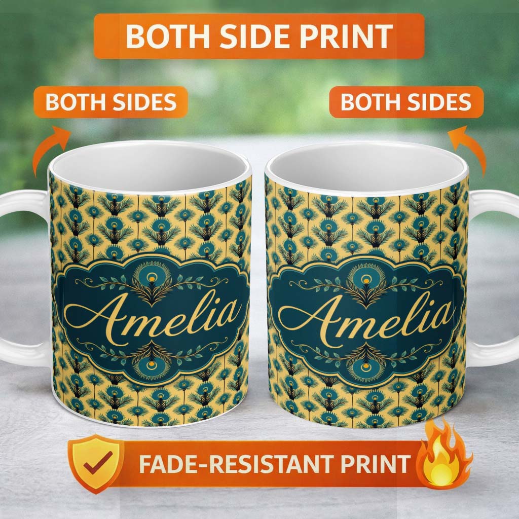 Personalized Custom Name Art Deco Peacock Feather Motif in Teal and Gold Repeating Seamless 11oz Ceramic Coffee Tea Mug White Large Handle