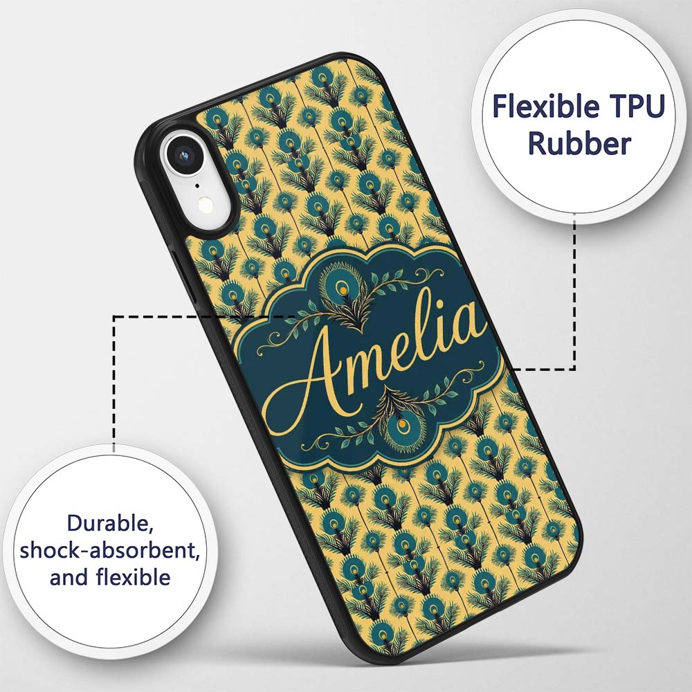 Art Deco Peacock Feather Motif in Teal and Gold Custom Name Protective Phone Case Mobile Cover Durable Everyday Smartphone Shock Resistant