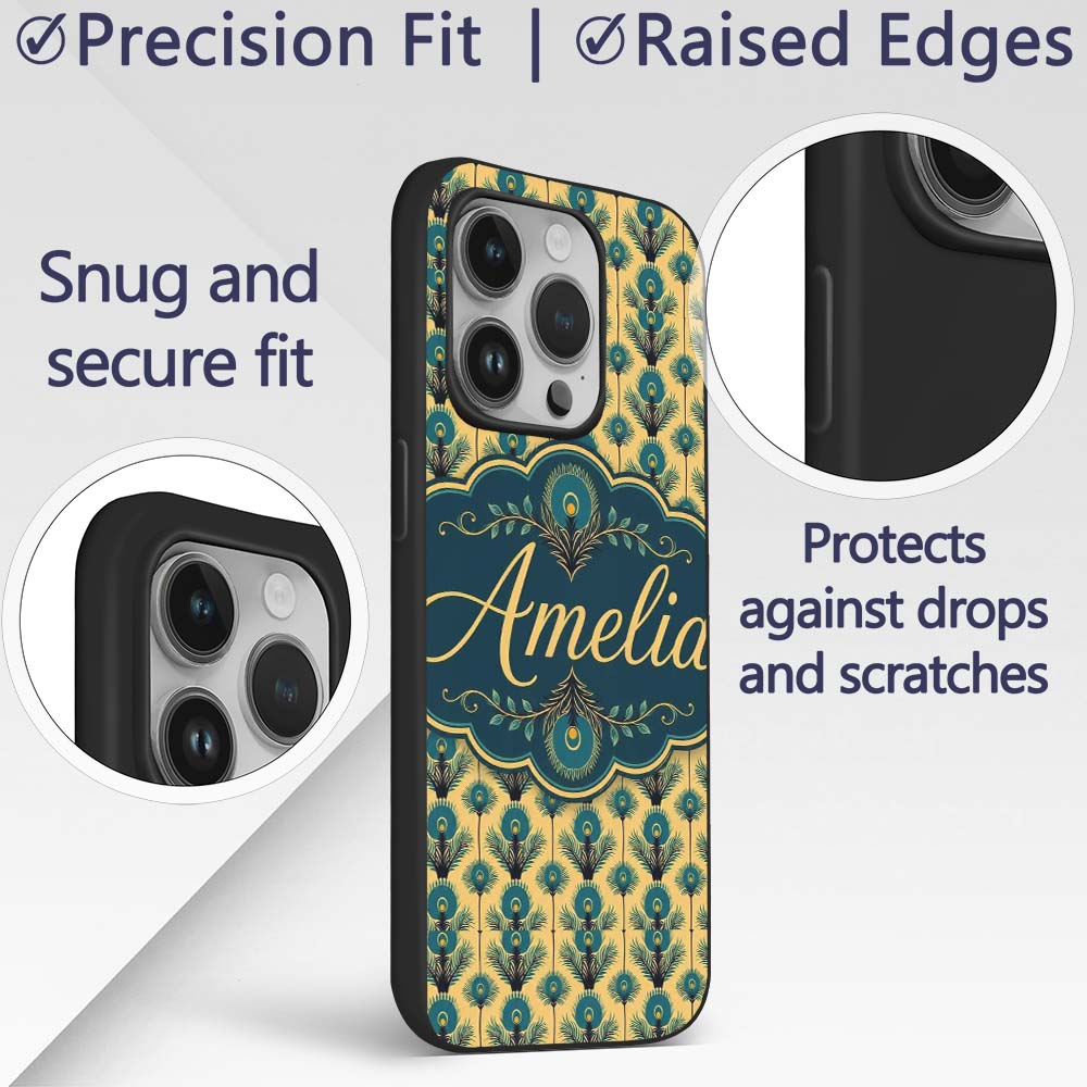 Art Deco Peacock Feather Motif in Teal and Gold Custom Name Protective Phone Case Mobile Cover Durable Everyday Smartphone Shock Resistant