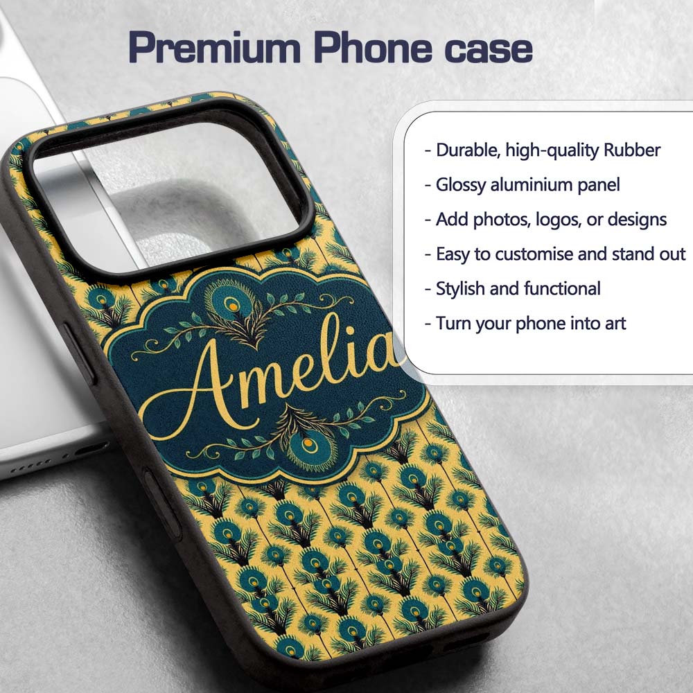 Art Deco Peacock Feather Motif in Teal and Gold Custom Name Protective Phone Case Mobile Cover Durable Everyday Smartphone Shock Resistant