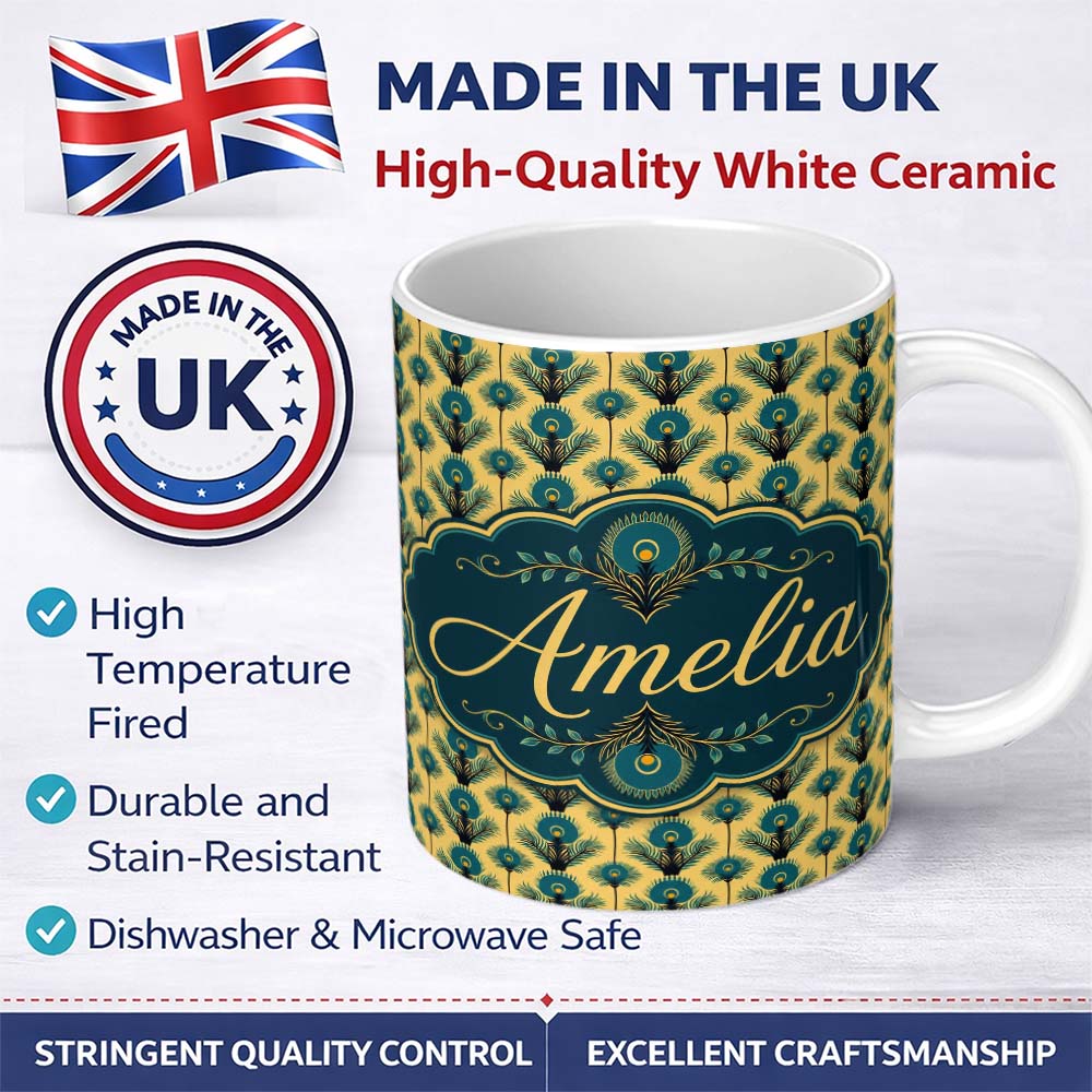 Personalized Custom Name Art Deco Peacock Feather Motif in Teal and Gold Repeating Seamless 11oz Ceramic Coffee Tea Mug White Large Handle