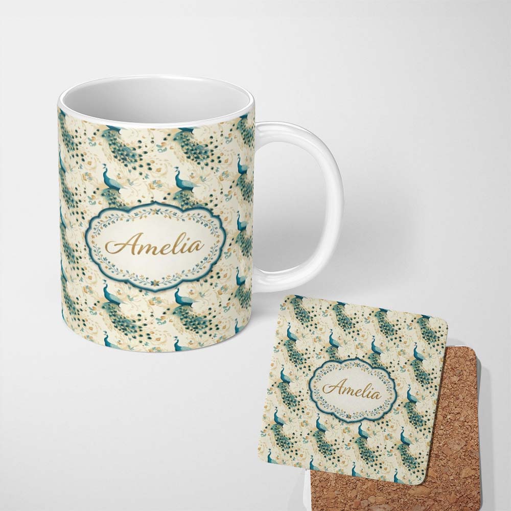 Personalized Custom Name Graceful Peacock Birds with Flowing Feather Trails Seamless Pattern 11oz Ceramic Coffee Tea Mug White Large Handle