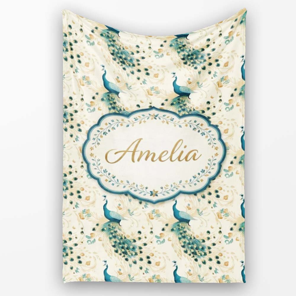 Graceful Peacock Birds with Flowing Feather Trails Seamless Pattern Personalised Custom Name Super Soft Fleece Blanket Bed Sofa Throw