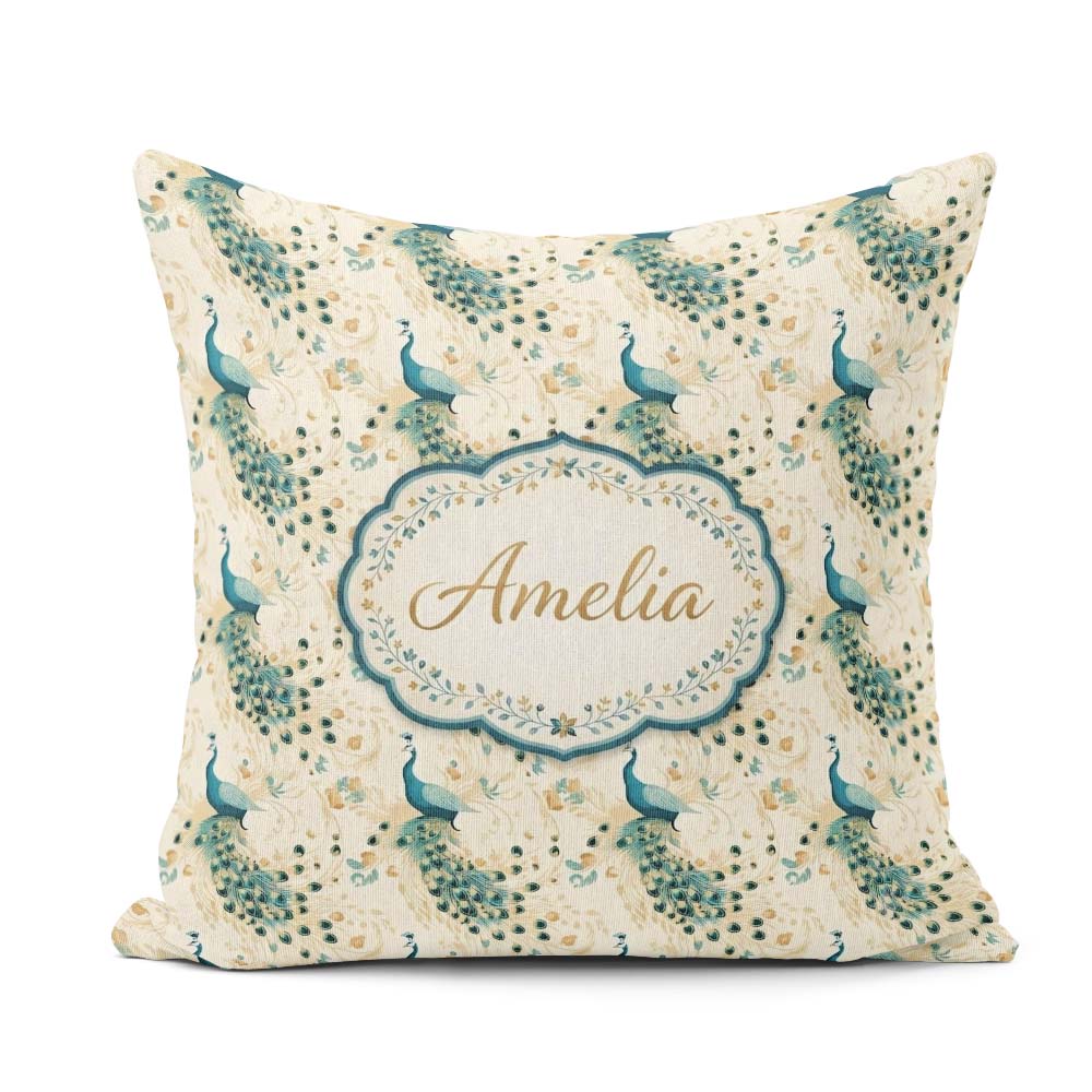 Custom Name Graceful Peacock Birds with Flowing Feather Seamless Square Filled Cushion Throw Pillow Sofa Bed Home Decor Zip Washable UK Made