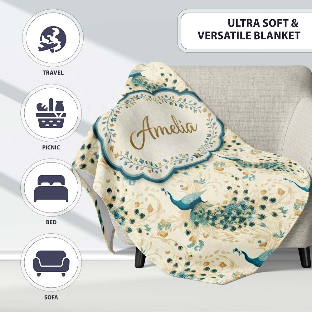 Graceful Peacock Birds with Flowing Feather Trails Seamless Pattern Personalised Custom Name Super Soft Fleece Blanket Bed Sofa Throw