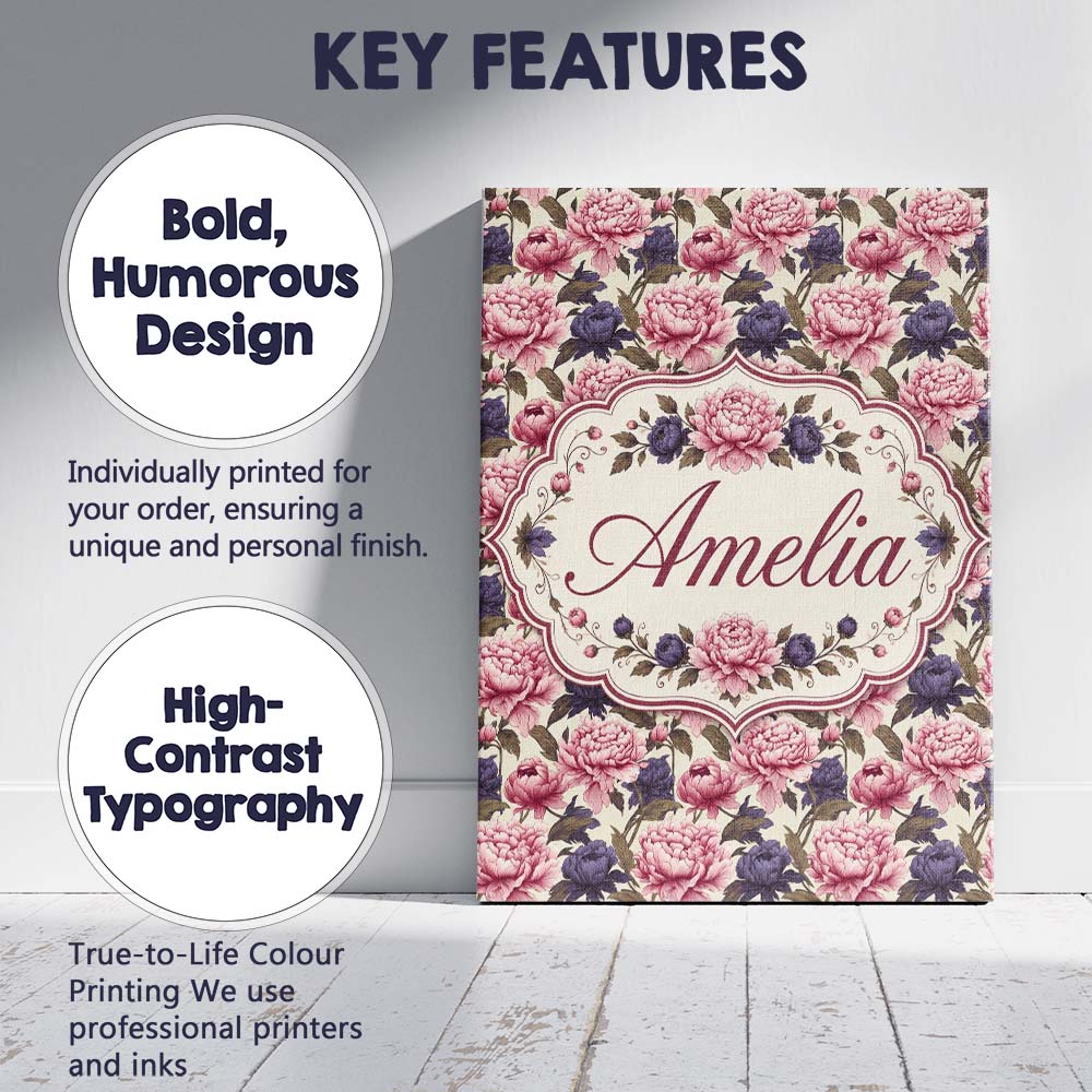 Personalised Name Soft Peony Flowers in Custom Modern Room Accent Elegant Feature Canvas Wall Art Print Decor Picture Ready to Hang