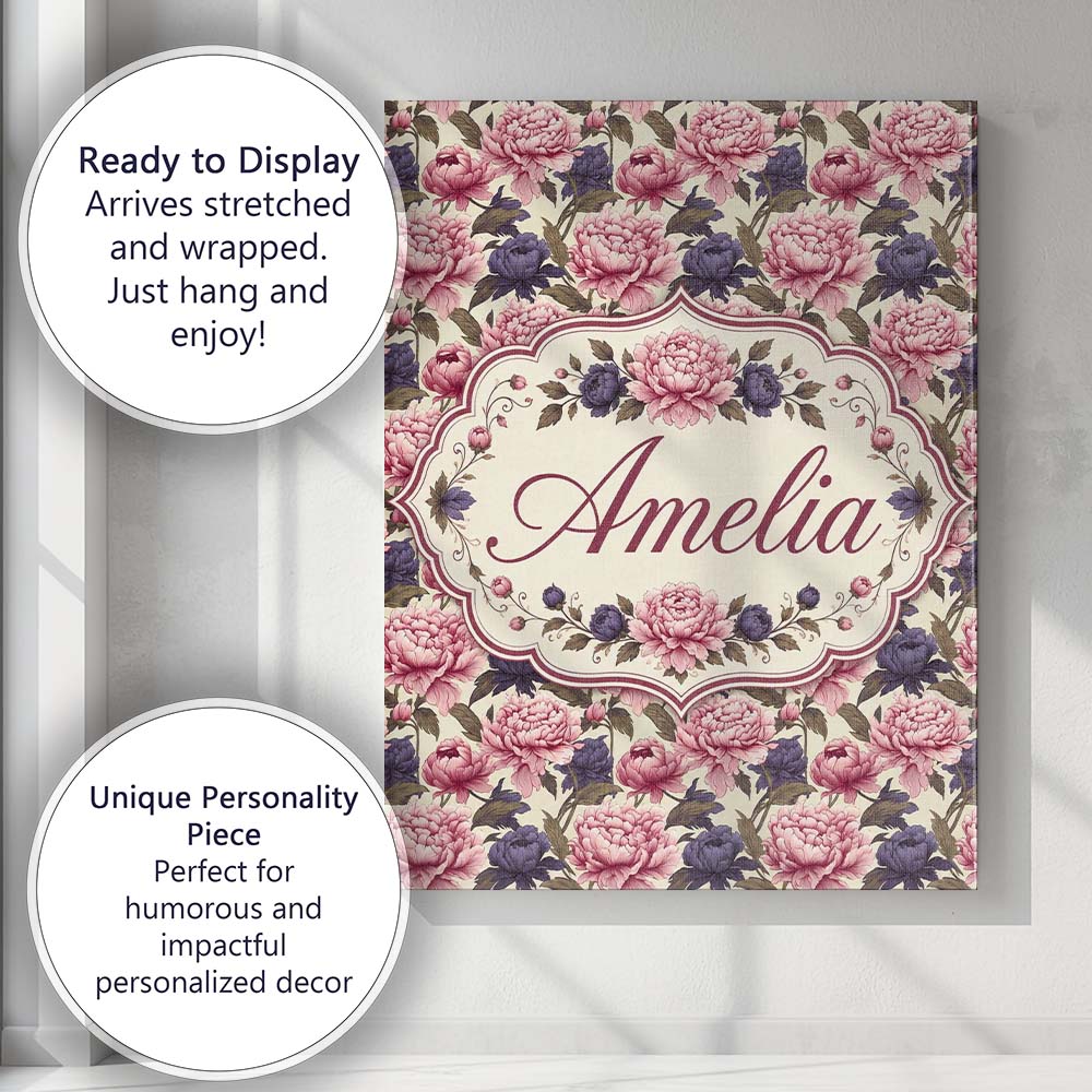 Personalised Name Soft Peony Flowers in Custom Modern Room Accent Elegant Feature Canvas Wall Art Print Decor Picture Ready to Hang