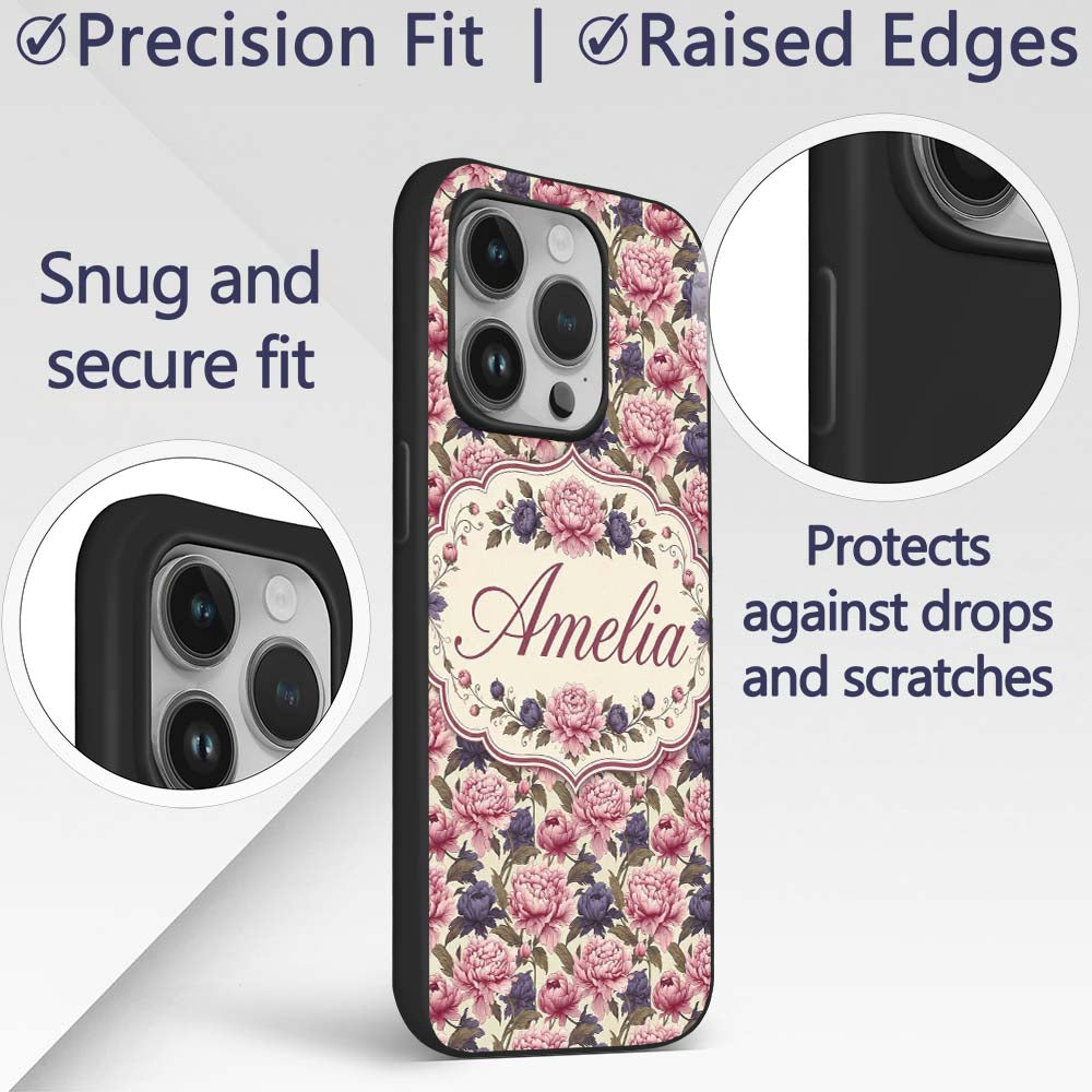 Soft Peony Flowers in Blush Pink Printed Design Custom Name Protective Phone Case Mobile Cover Durable Everyday Smartphone Shock Resistant
