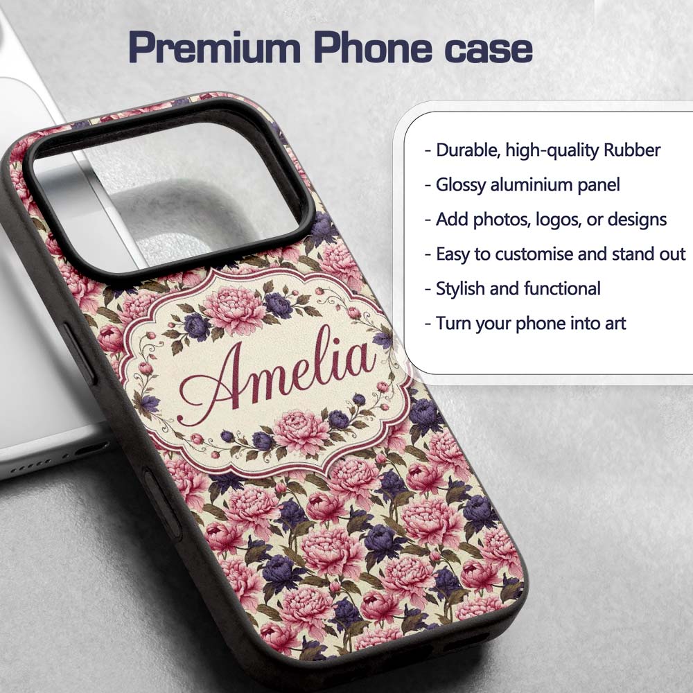 Soft Peony Flowers in Blush Pink Printed Design Custom Name Protective Phone Case Mobile Cover Durable Everyday Smartphone Shock Resistant