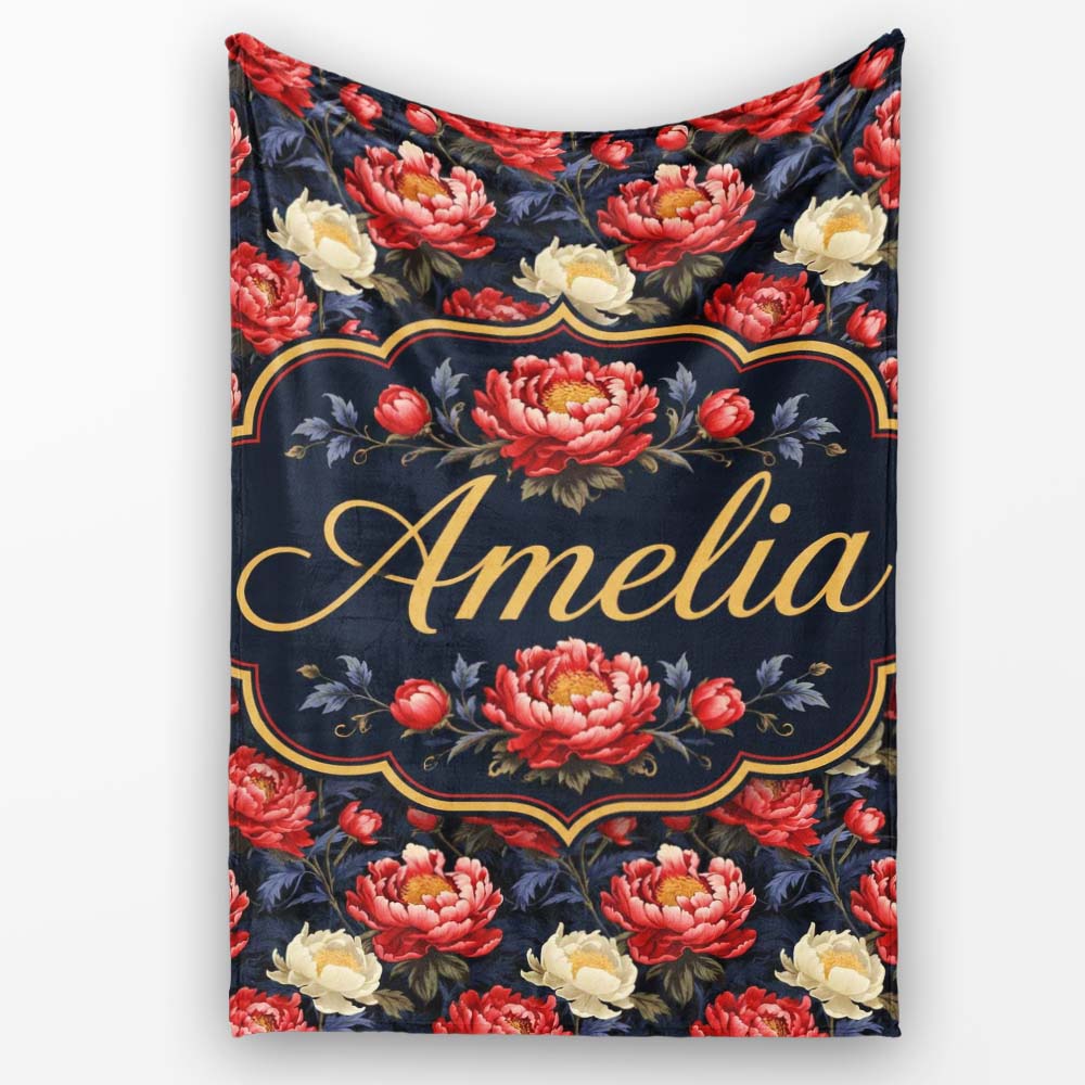 Bold Red and Cream Peony Floral on Dark Background Seamless Pattern Personalised Custom Name Super Soft Fleece Blanket Bed Sofa Throw