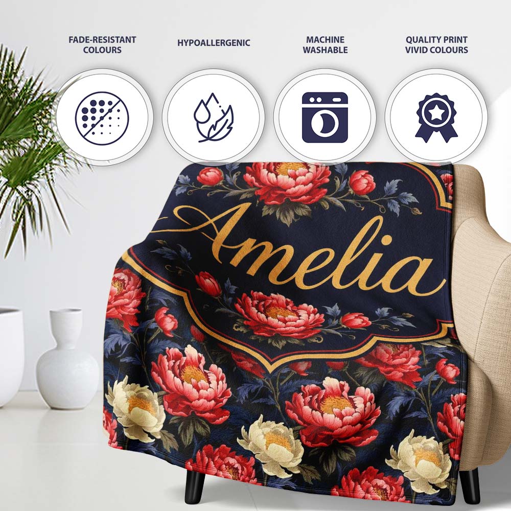 Bold Red and Cream Peony Floral on Dark Background Seamless Pattern Personalised Custom Name Super Soft Fleece Blanket Bed Sofa Throw