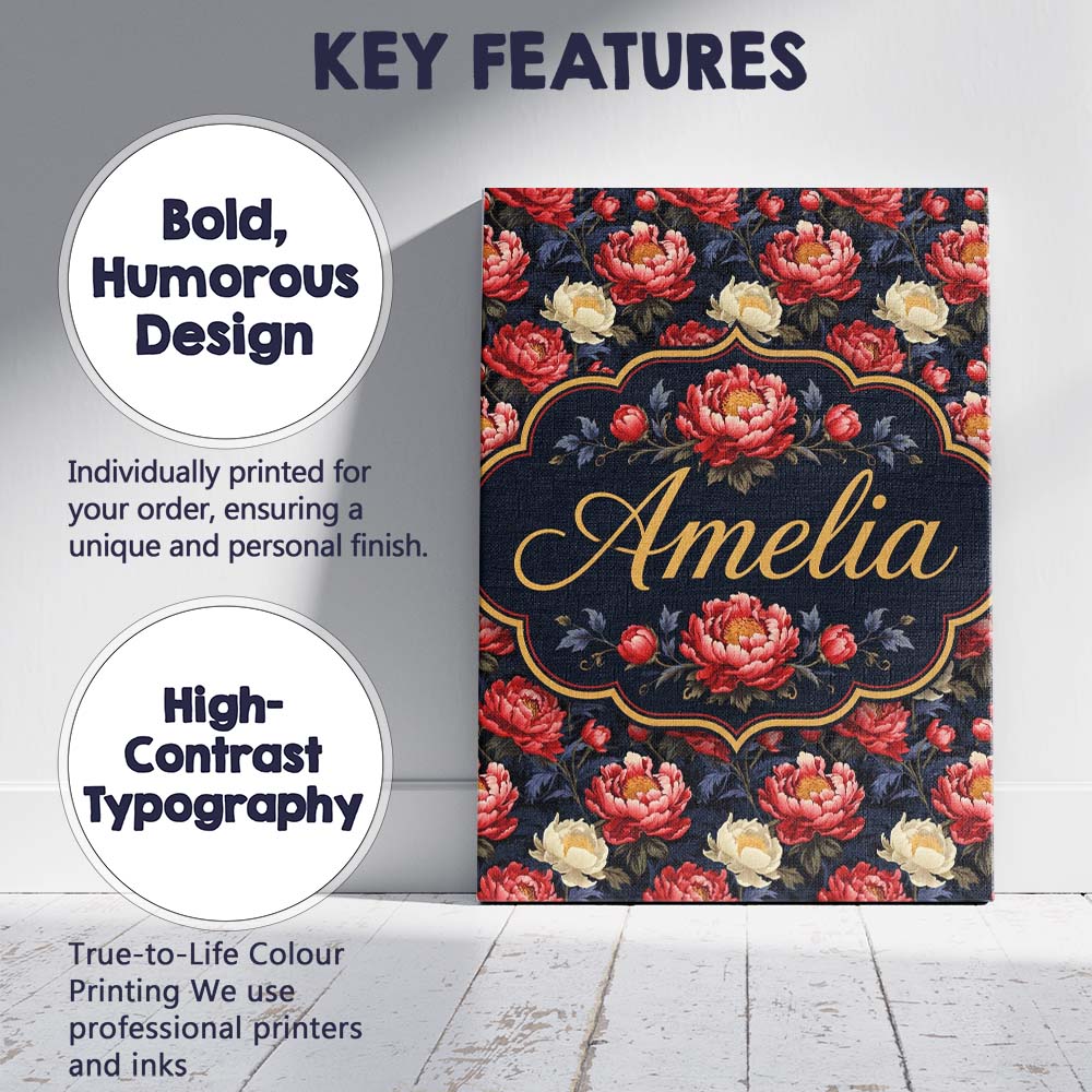 Personalised Name Bold Red and Cream Peony Custom Unique Gift Idea Elegant Feature Canvas Wall Art Print Decor Picture Ready to Hang