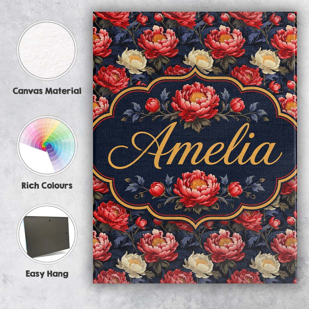 Personalised Name Bold Red and Cream Peony Custom Unique Gift Idea Elegant Feature Canvas Wall Art Print Decor Picture Ready to Hang